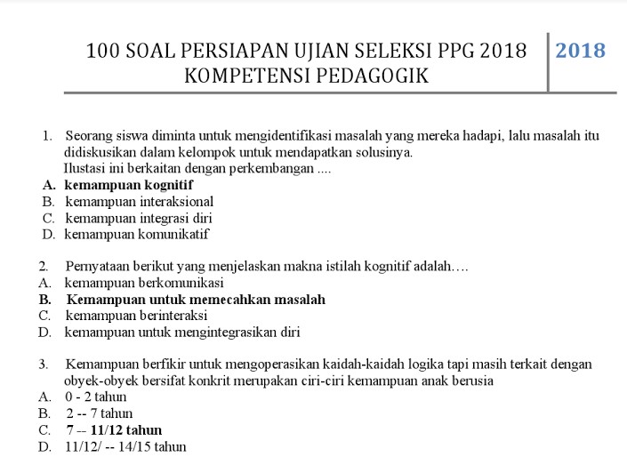 100 Soal Pretest Ppg Dan Kunci Jawaban Berdasarkan Kisi Kisi