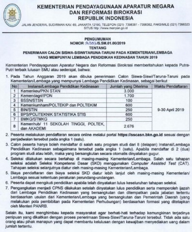 Jadwal pendaftaran sekolah kedinasan