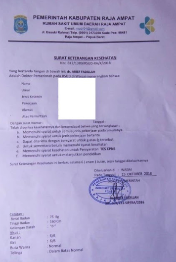 Contoh Surat Keterangan Sehat Untuk Cpns