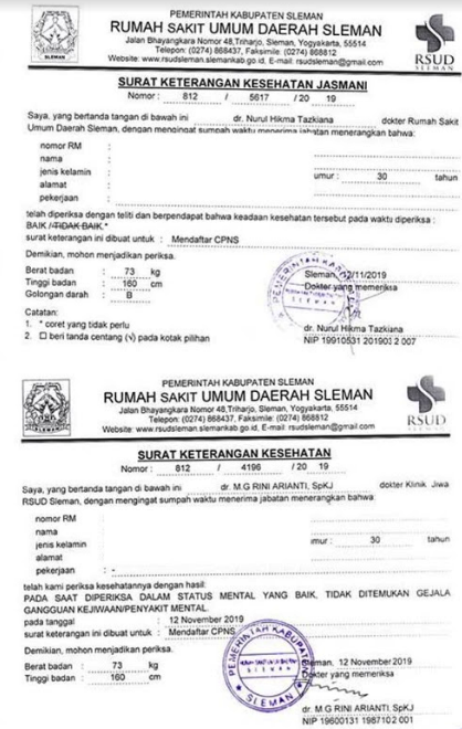 Contoh Surat Keterangan Sehat Jasmani Dan Rohani Untuk Cpns